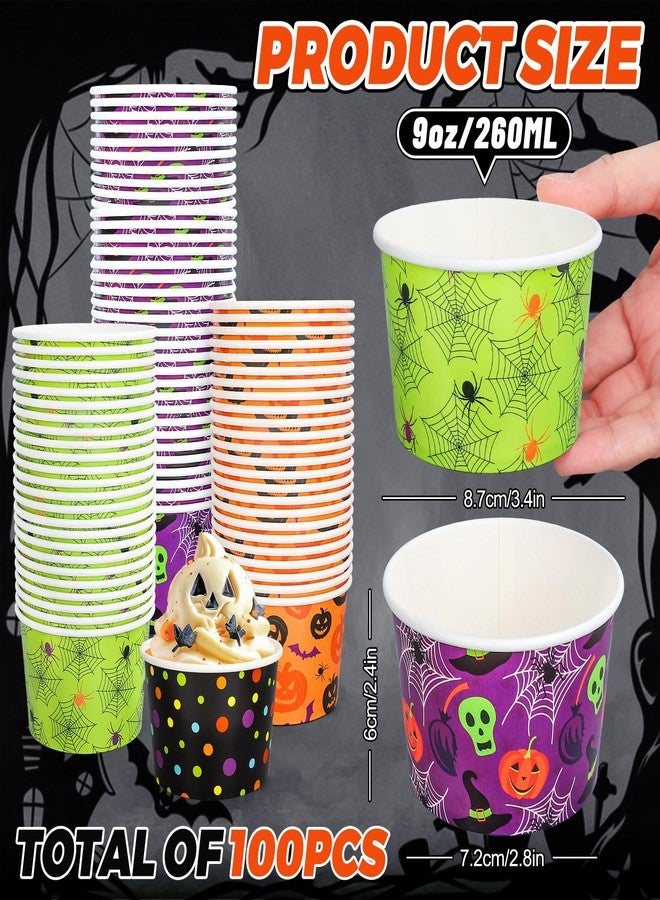 JarThenaAMCS مجموعة جارثينا إيه إم سي إس، ١٠٠ قطعة من أكواب الوجبات الخفيفة للهالوين، بتصميمات اليقطين والجمجمة وشبكة العنكبوت والنقاط، أوعية ورقية للاستخدام مرة واحدة، سعة ٩ أونصات، مثالية للآيس كريم والحلويات والأطعمة الساخنة والباردة، ولوازم حفلات أعياد الميلاد أو حفلات الهالوين. - Image 2